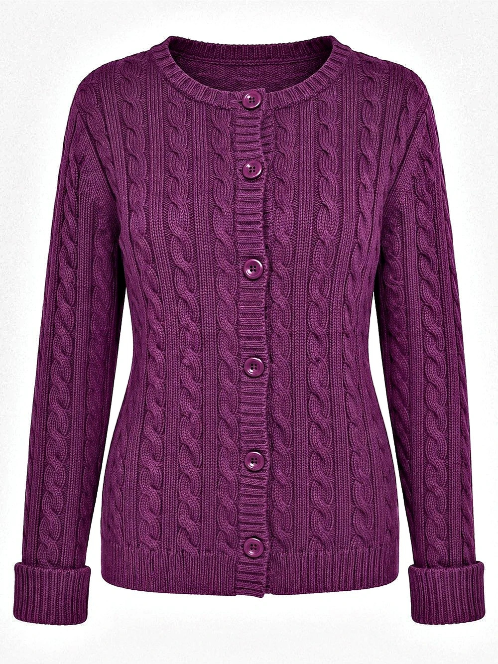 LL Bean Purple Cable Knit Cardigan Sweater Womens S Cotton Dark Academia Preppy